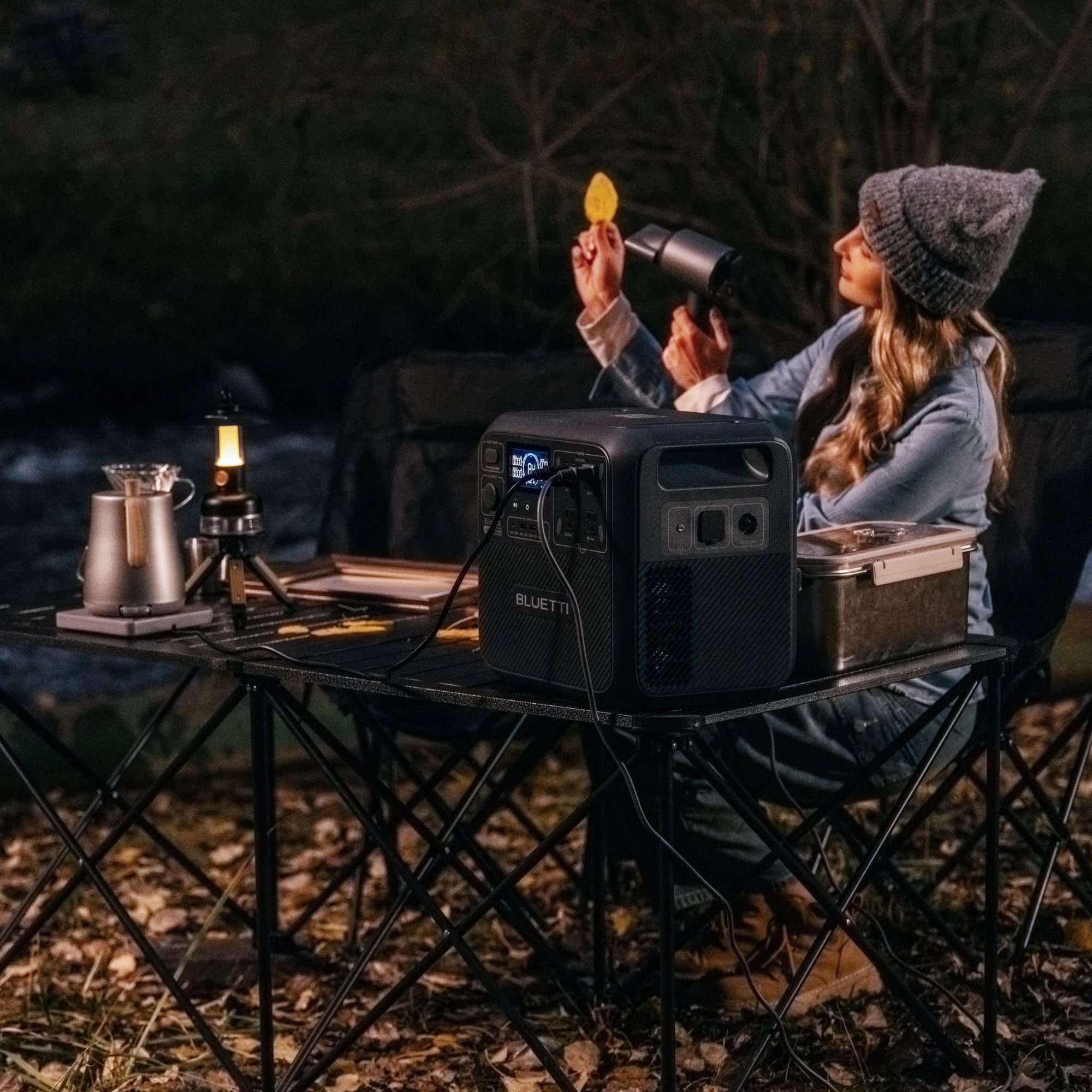 BLUETTI Elite 200 portable power station used for outdoor night camping