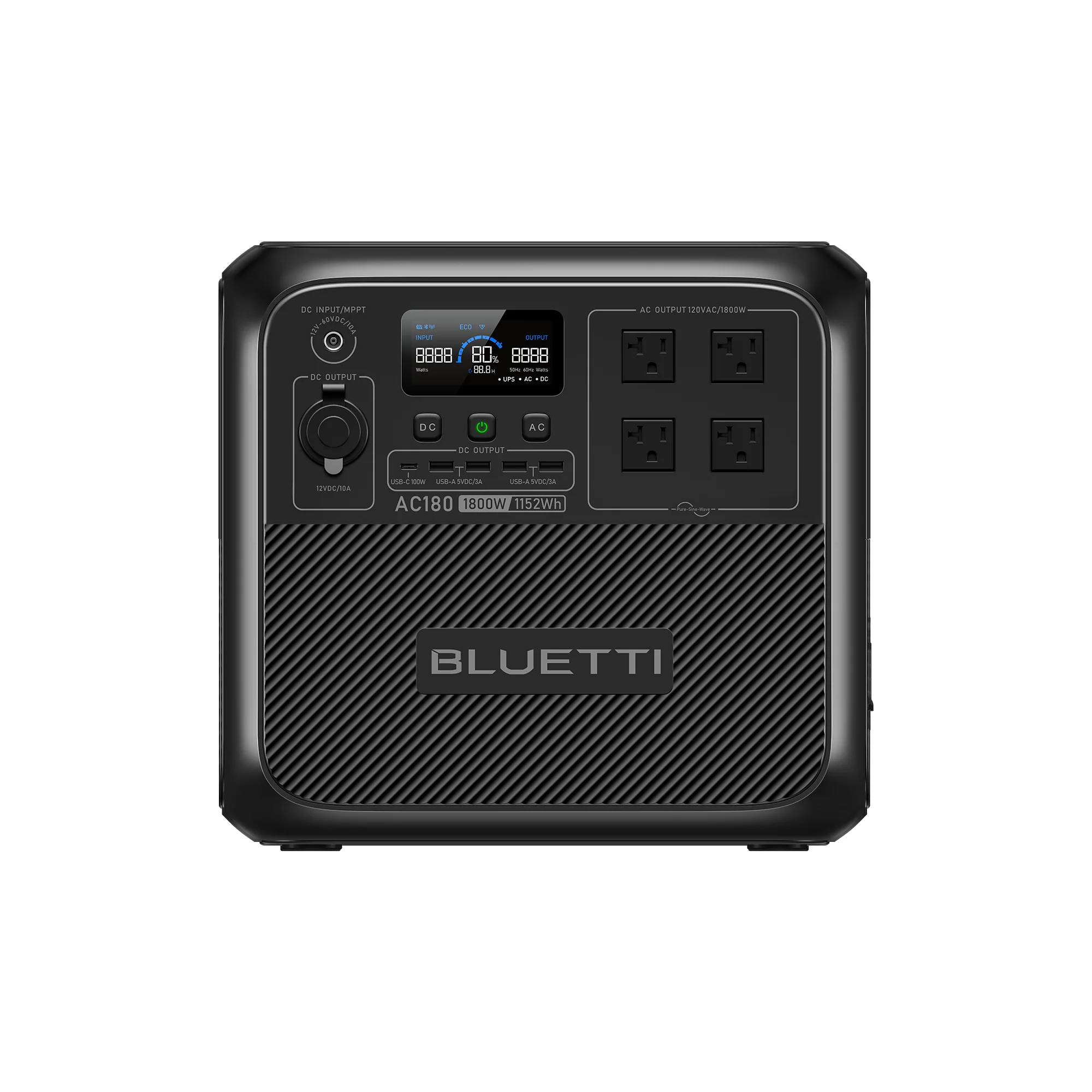 BLUETTI AC180 portable power station with LCD display and multiple AC, DC, and USB output ports for home backup, outdoor, RV, and emergency power