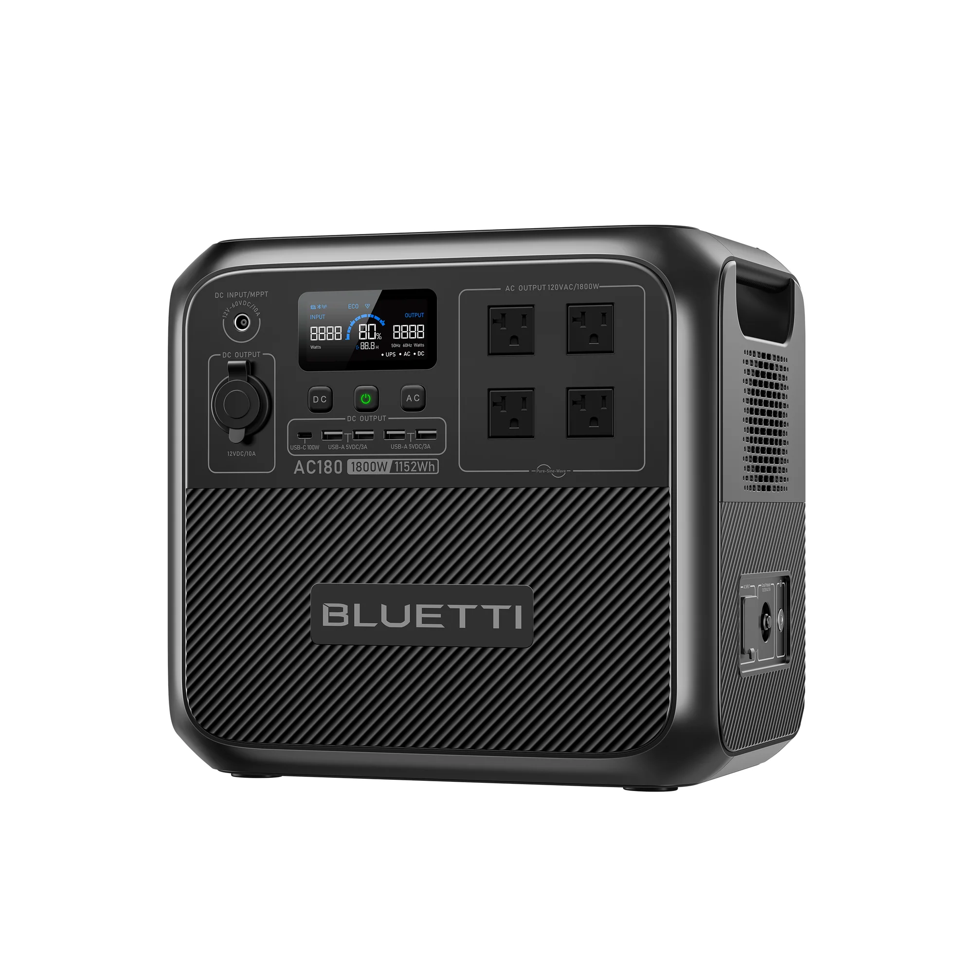 BLUETTI AC180 portable power station with LCD display and multiple AC, DC, and USB output ports for home backup, outdoor, RV, and emergency power