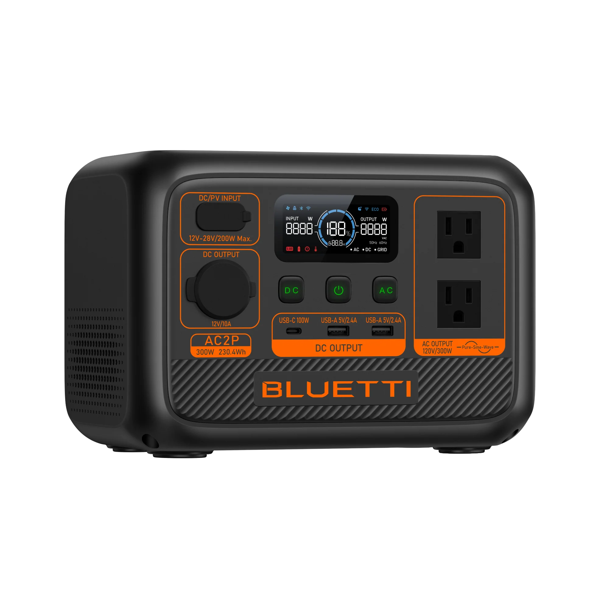 BLUETTI AC2P 300W portable power station with front display and outputs