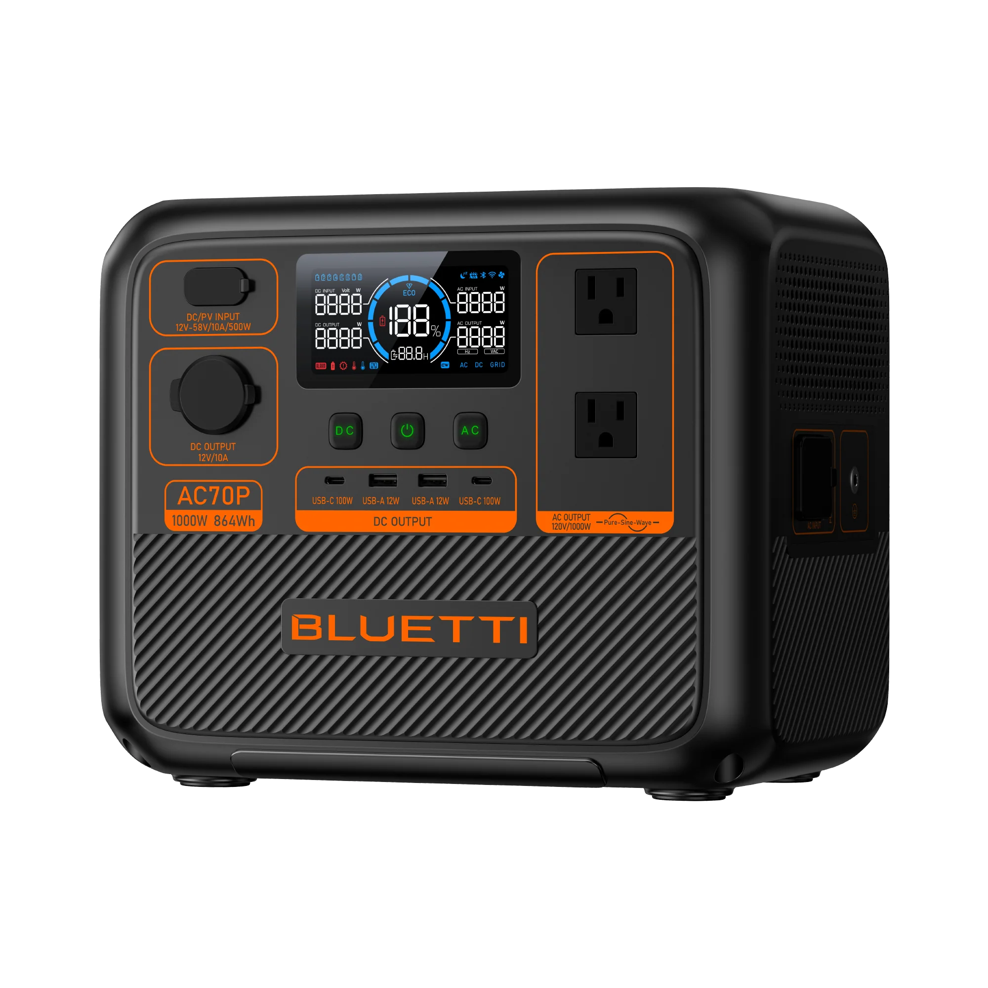 BLUETTI AC70P 1000W portable power station with display and output ports