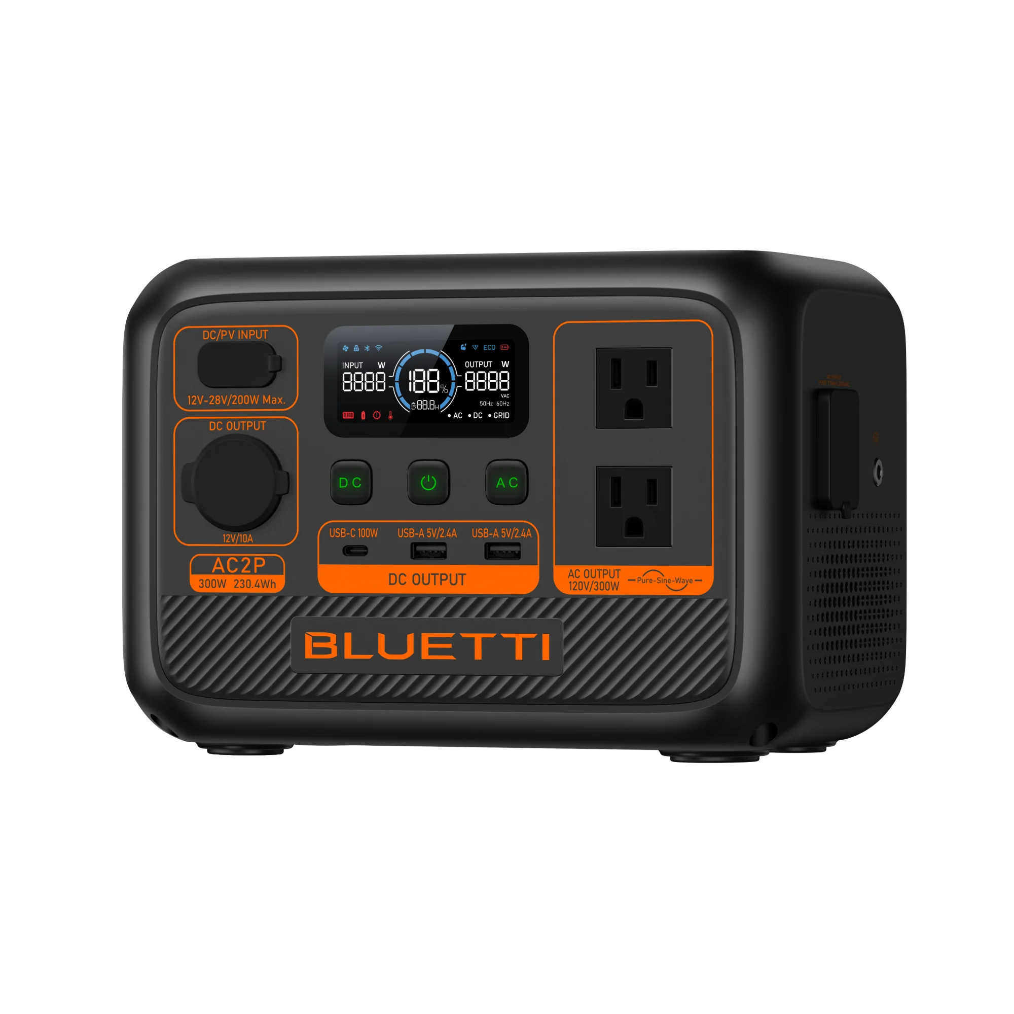BLUETTI AC2P 300W portable power station with display and ports