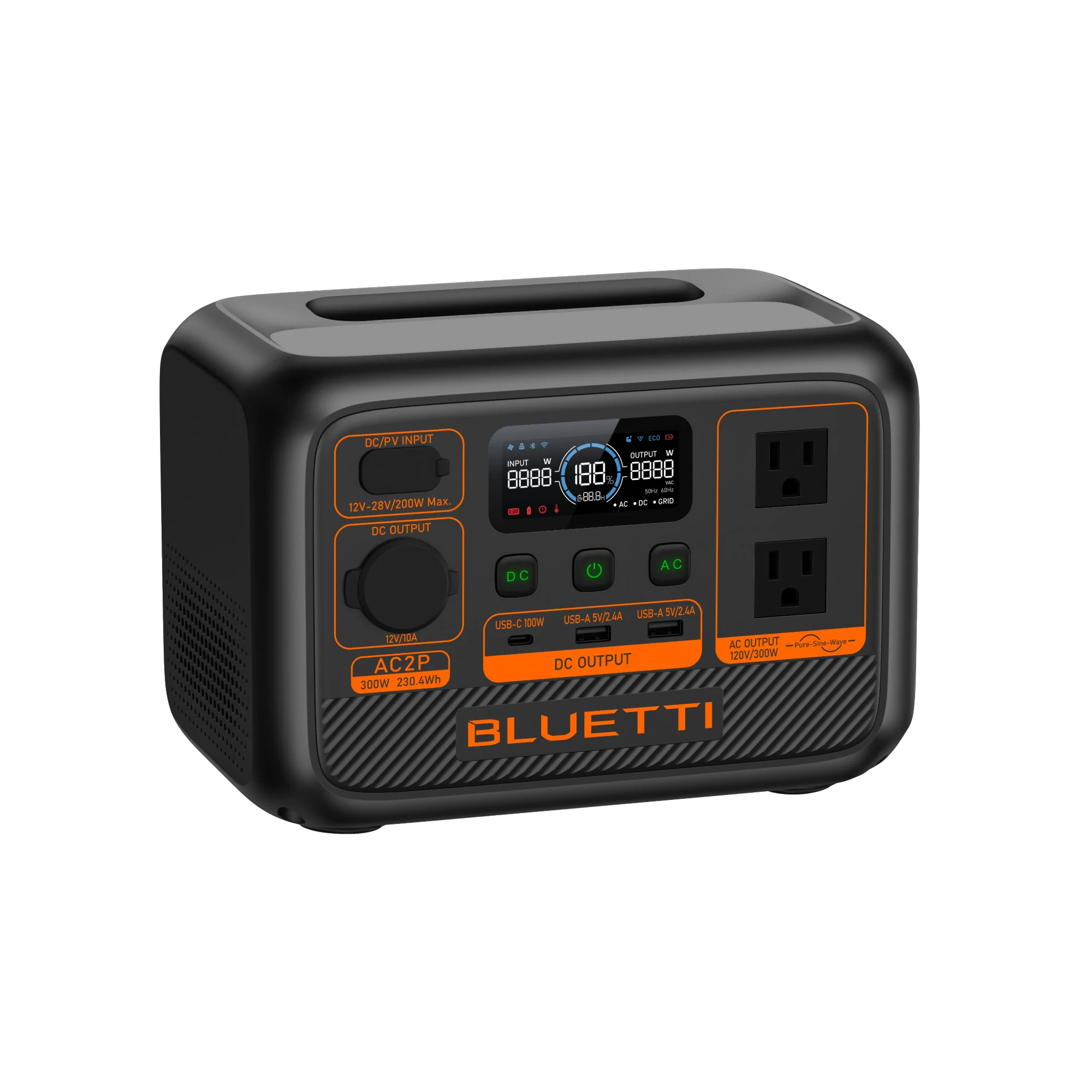 BLUETTI AC2P 300W portable power station with display and output ports