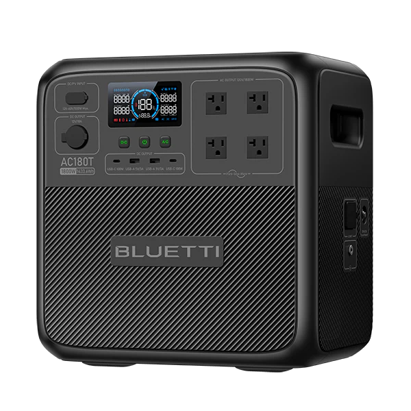 BLUETTI AC180T portable power station with LCD display and multiple AC, DC, and USB output ports for home backup, outdoor, RV, and emergency power