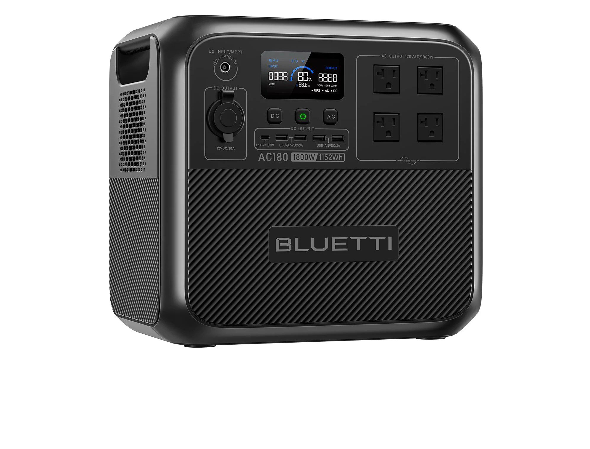 BLUETTI AC180 portable power station with digital LCD display and multiple AC, DC, and USB output ports for home backup, outdoor, RV, and emergency power