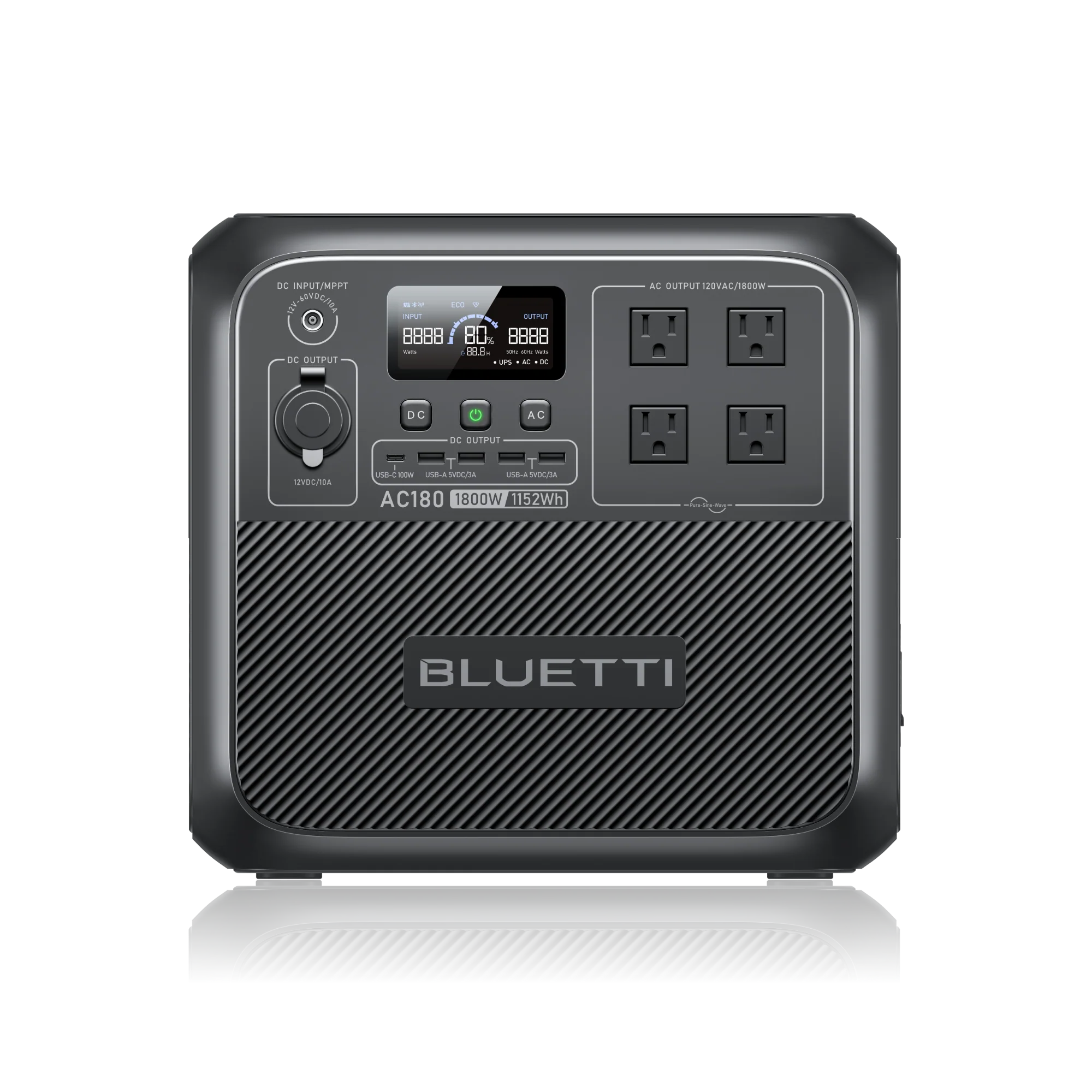 BLUETTI AC180 portable power station with LCD display and multiple AC, DC, and USB outputs for outdoor, home backup, RV, and emergency power