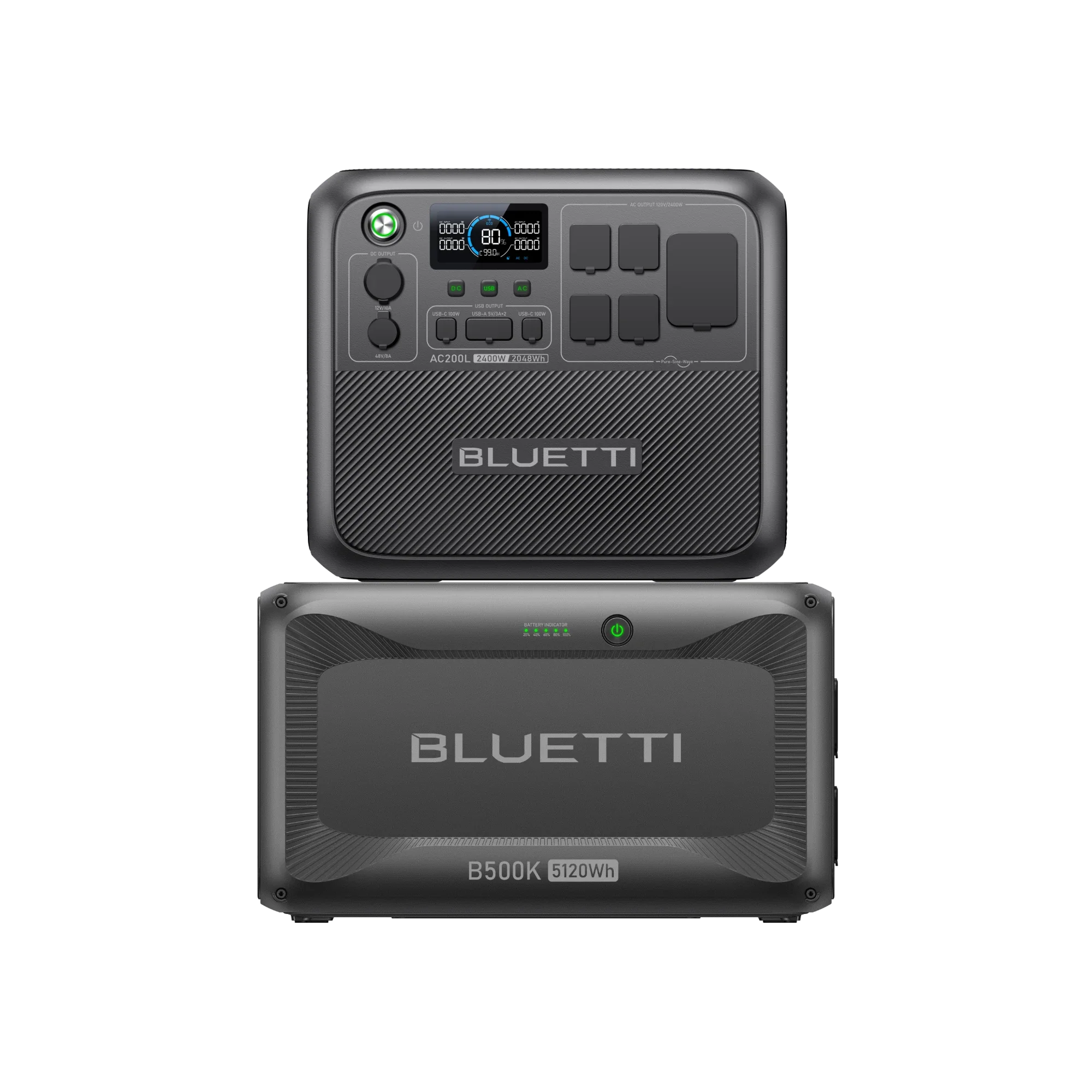 BLUETTI AC200L 2400W portable power station with B500K 5120Wh expansion battery
