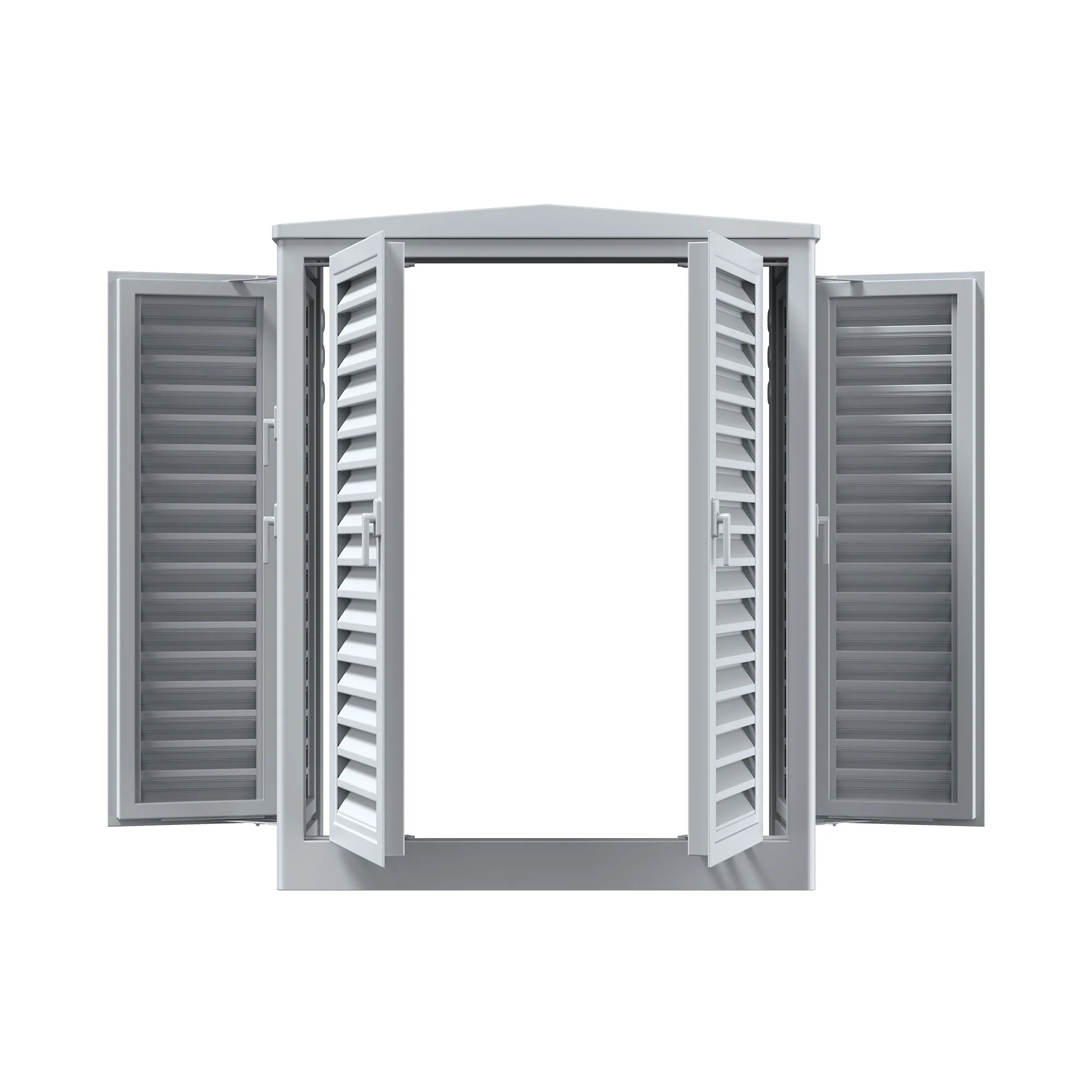 Outdoor power equipment enclosure with louvered doors for weather-resistant housing of electrical and solar components