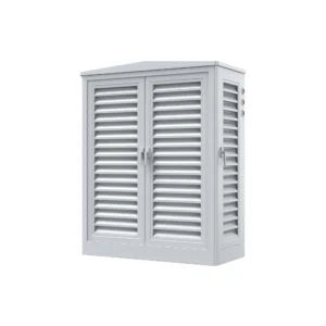 Outdoor power equipment cabinet with louvered doors for weather-resistant housing of electrical or solar components