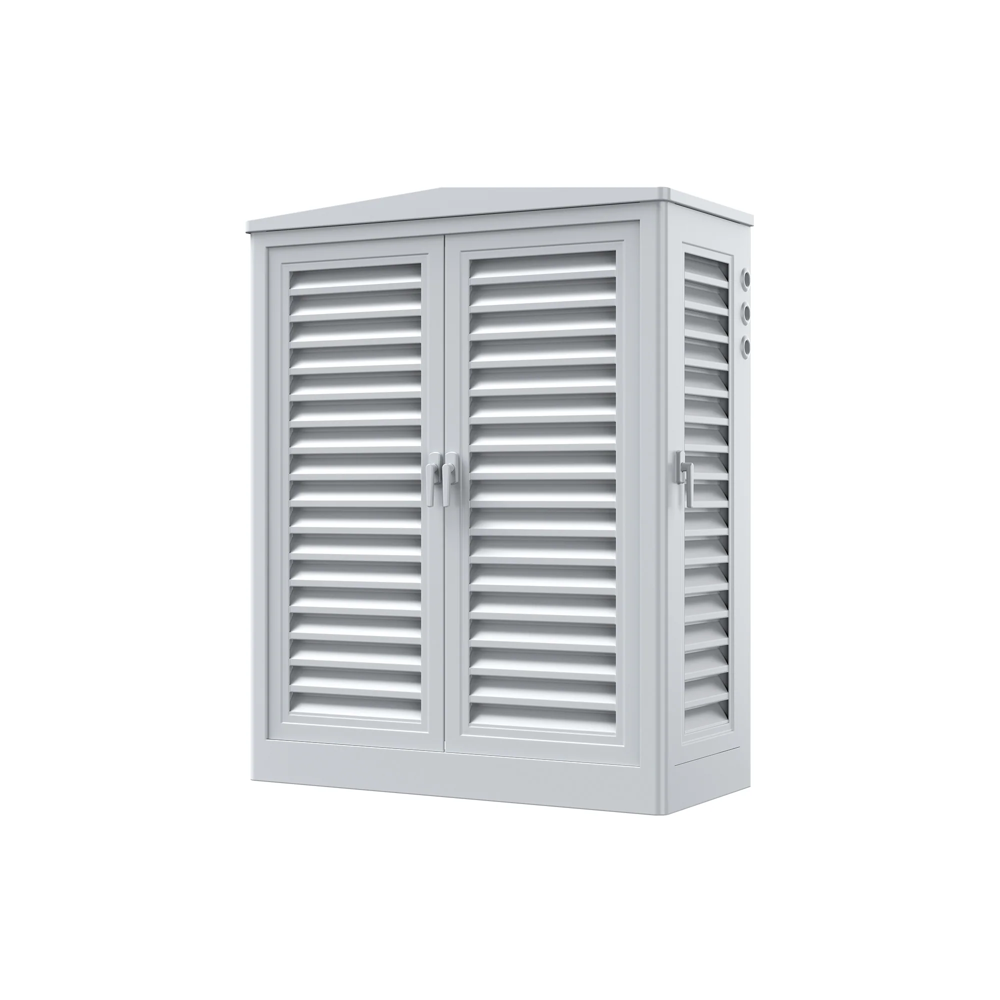 Outdoor power equipment cabinet with louvered doors for weather-resistant housing of electrical or solar components