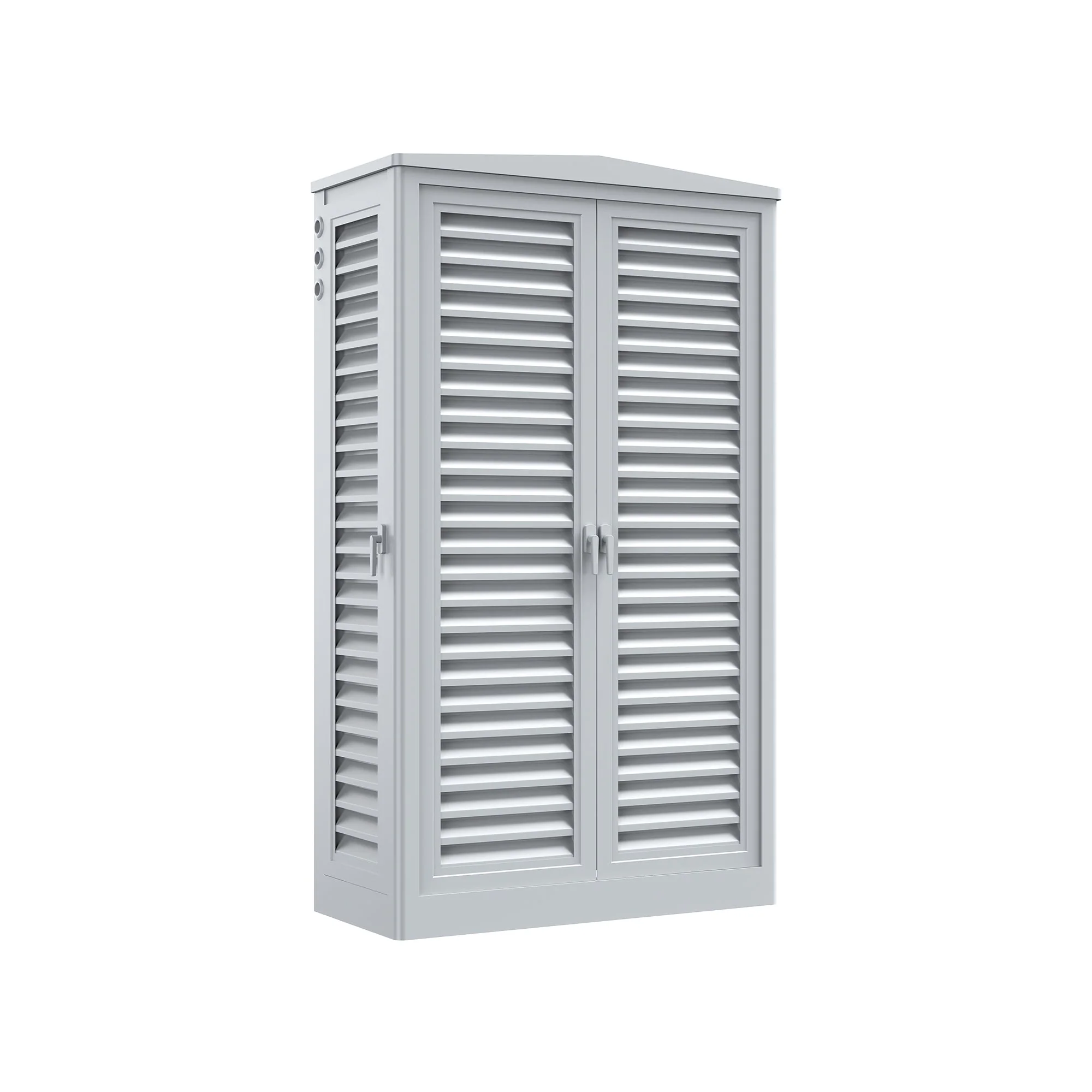 Weather-resistant outdoor electrical enclosure with ventilation slots and latch-secure door for solar power and backup power station systems