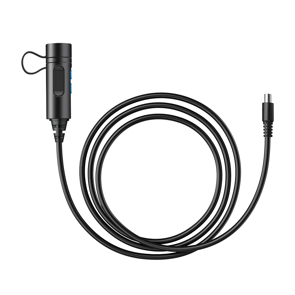 A black coiled charging cable with a cylindrical inline component on one end and a standard barrel connector on the other, displayed on a white background.
