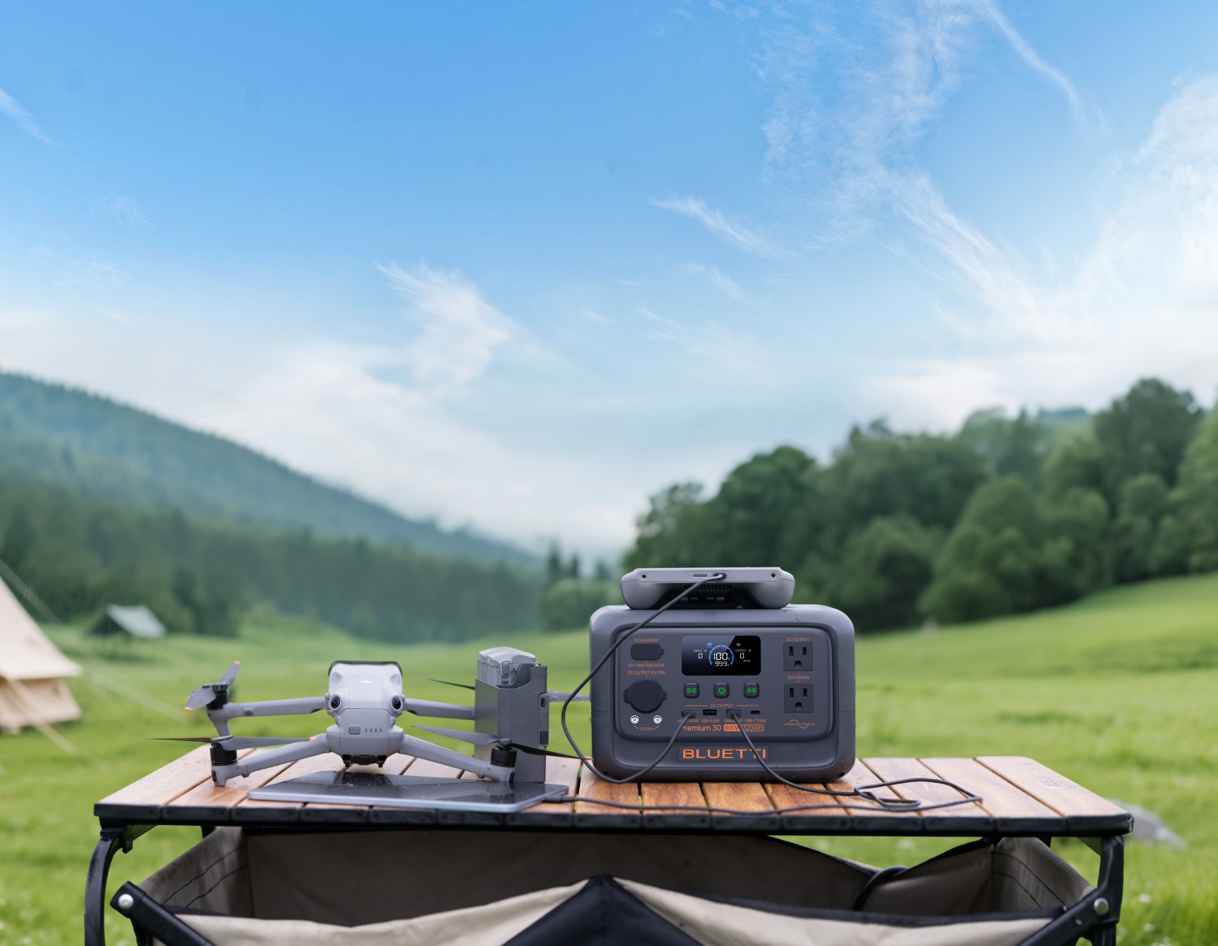 BLUETTI Premium 30 V2 portable power station outdoors, 120V NEMA outlets, 320Wh