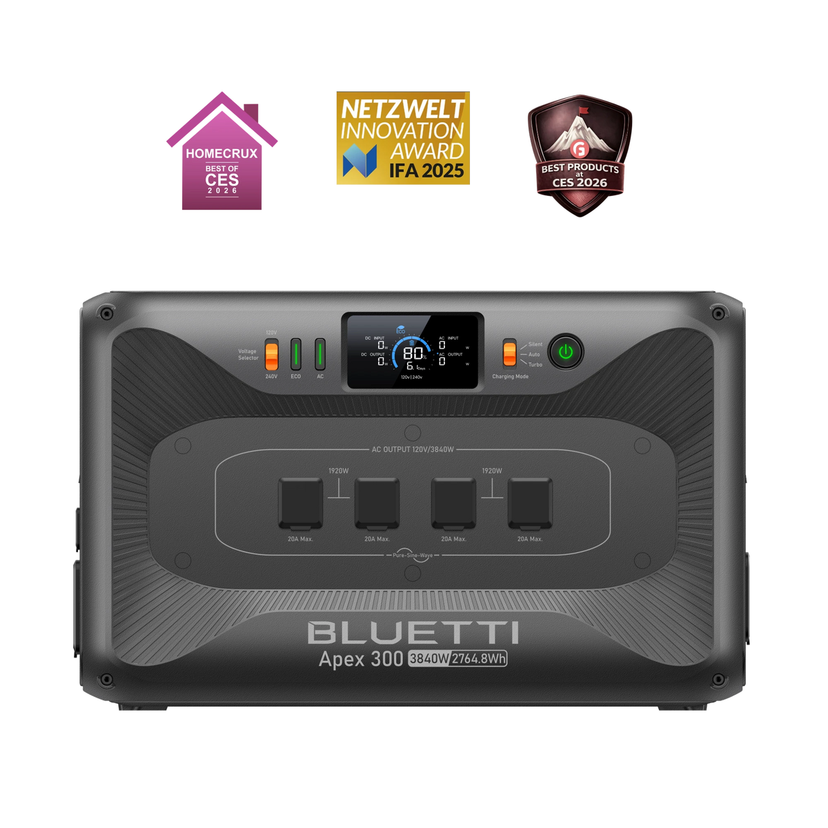 BLUETTI Apex 300 power station, recognized for innovation at CES & IFA.
