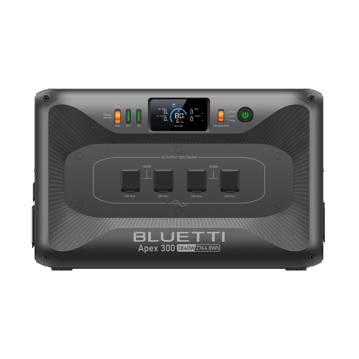 BLUETTI Apex 300 portable power station with 3840W output, 2764.8Wh capacity, and multiple AC outlets.