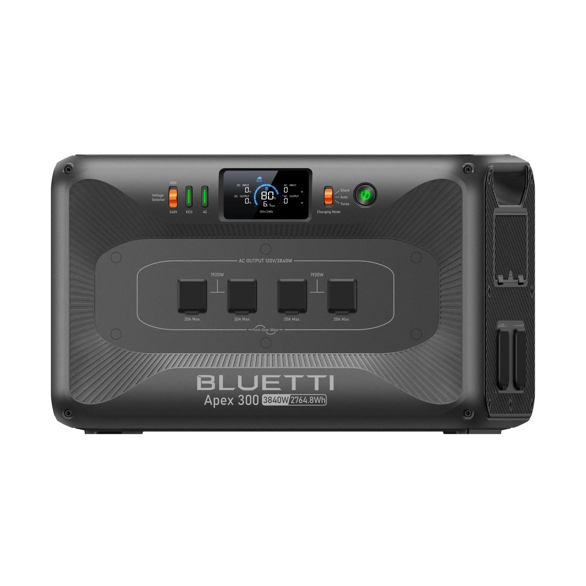 BLUETTI Apex 300 portable power station, 3840W output, 2764.8Wh. Front panel with digital display.