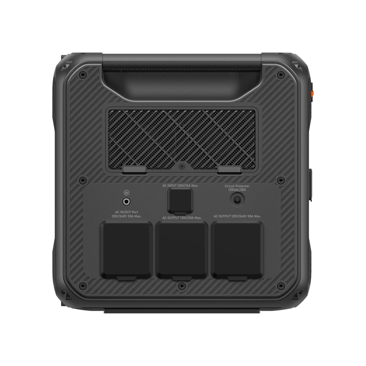 BLUETTI Apex 300 rear panel with AC input 15A, AC output 30A/50A, and 50A in/out ports.